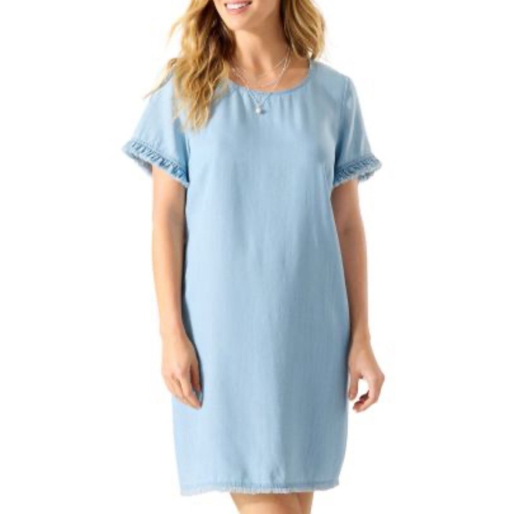 Tommy Bahama Chambray Blue Tencel Frayed‎ Trim Pockets Shift Dress Blue Sz M